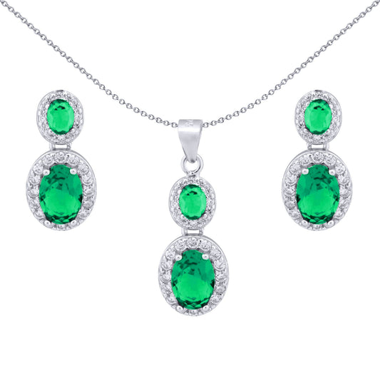 Silver Green Oval CZ Royal Halo Cluster Earrings & Necklace Set - AEP001G