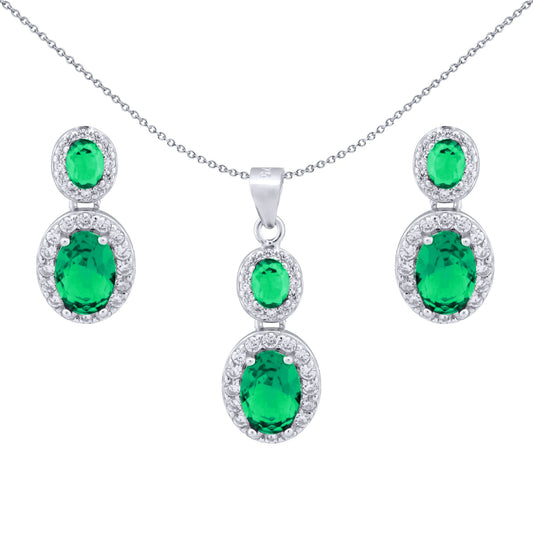 Silver Green Oval CZ Royal Halo Cluster Earrings & Necklace Set - AEP001G