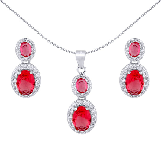 Silver Red Oval CZ Royal Halo Cluster Earrings & Necklace Set - AEP001R