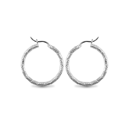 Sterling Silver Engraved Twist Hoop Earrings - 3mm - 3.1cm - AER010B