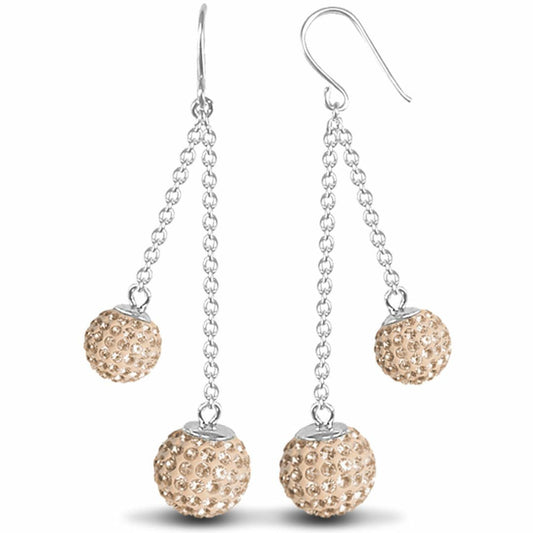 Silver Disco Ball Drop Earrings 10mm - Champagne Crystal - AER093