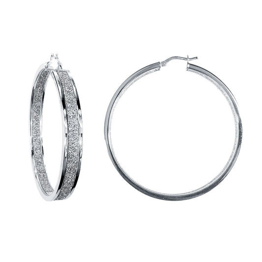 Silver MoonDust Double Sided 6x2mm Rectangular Hoop Earrings 50mm - AER125C