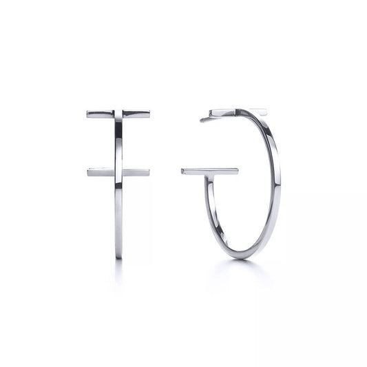 Silver Hammer Head T Square Tube Omega Hoop Earrings 20mm - AER137