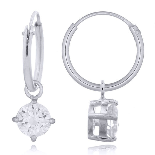 Silver Round CZ Hanging Solitaire Charm Hoop Drop Earrings - AER143