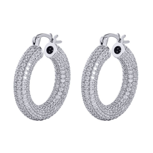 Silver Round CZ Iced Encrusted Round Tube Hoop Earrings - AER147