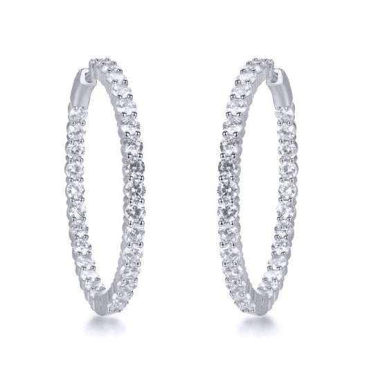 Silver Round CZ Inside Out Pave Eternity Hoop Earrings 30mm - AER151