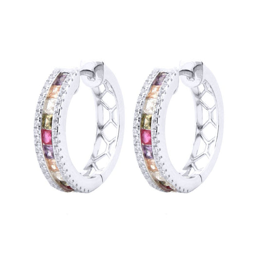 Silver Rainbow Princess CZ Inside Out Eternity Hoop Earrings - AER153