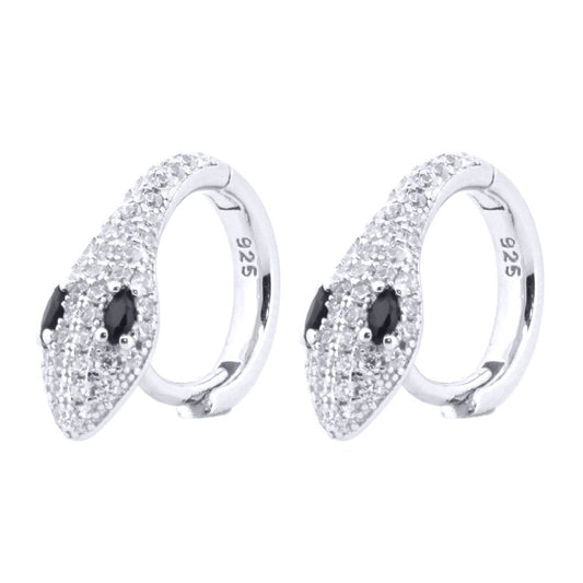 Silver Black Marquise CZ Pave Snake Eyes Huggie Hoop Earrings - AER155