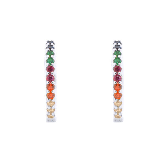 Rhodium-plated Silver Rainbow CZ Pave Eternity Huggie Hoop Earrings - AER157