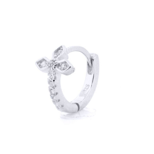Rhodium-plated Silver CZ Fleur De Lis Cross Huggie Hoop Earrings - AER158