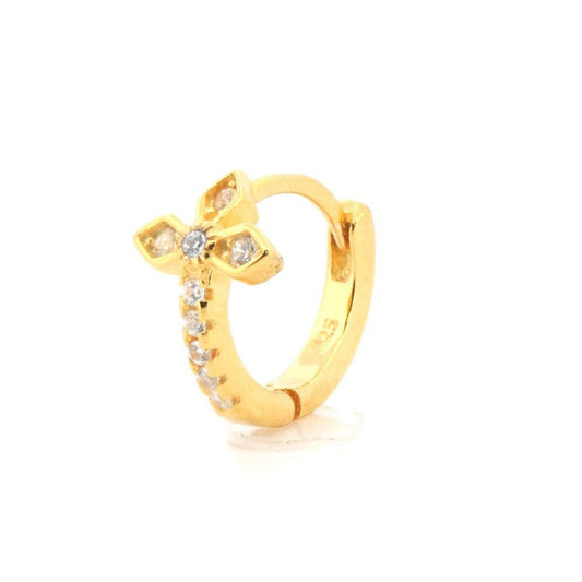 Gold-plated Silver CZ Fleur De Lis Cross Huggie Hoop Earrings - AER158