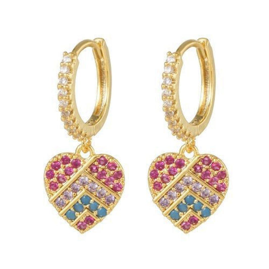 Gold-plated Silver Pastel CZ Love Heart Huggie Hoop Drop Earrings - AER160