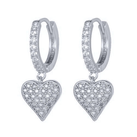 Rhodium-plated Silver CZ Love Heart Huggie Drop Earrings - AER161-RP