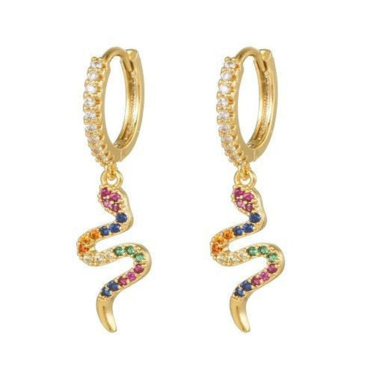 Gold-plated Silver Rainbow CZ Coiled Snake Huggie Drop Earrings - AER162