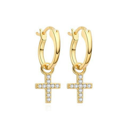 Gold-plated Silver CZ Cross Charm Huggie Hoop Drop Earrings - AER164