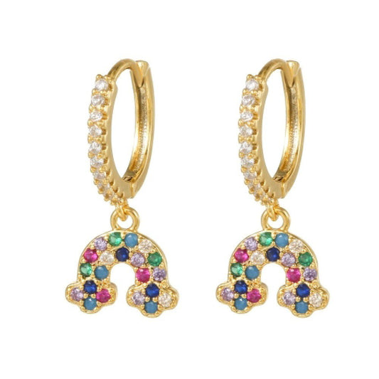 Gold-plated Silver CZ Rainbow Clouds Horseshoe Drop Earrings - AER165
