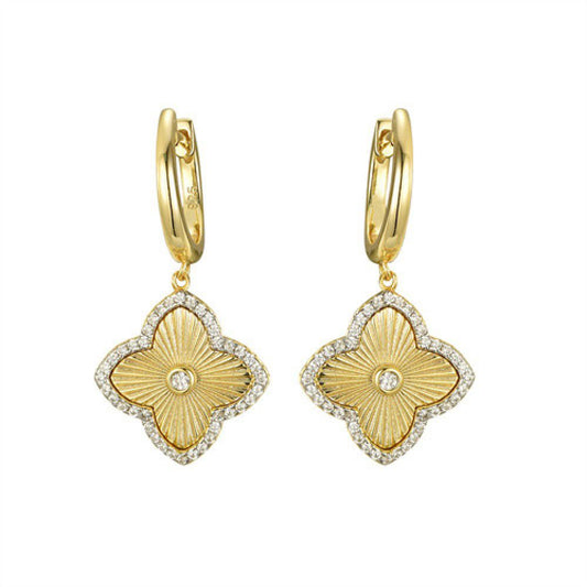 Gold-plated Silver CZ Quatrefoil Clover Huggie Hoop Drop Earrings - AER167