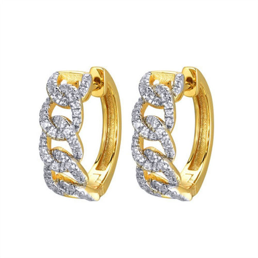 Gold-plated Silver CZ Pave Curb Chain Link Huggie Hoop Earrings - AER173