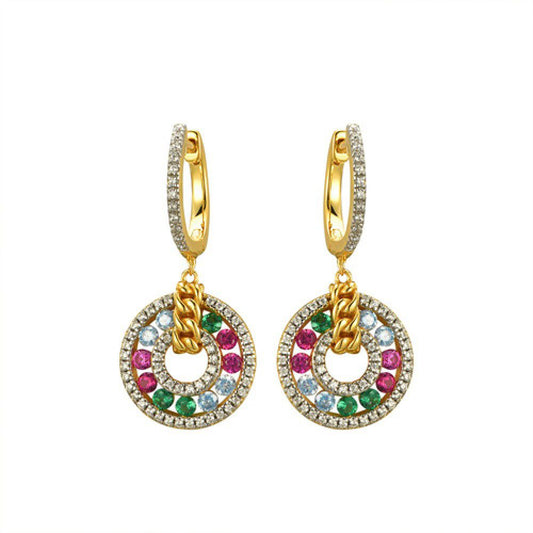 Gold-plated Silver Rainbow CZ Curb Chain Huggie Drop Earrings - AER177