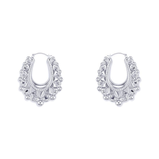 Ladies Sterling Silver Oval Pear Spikey Bead Creole Earrings 24mm - AER178A