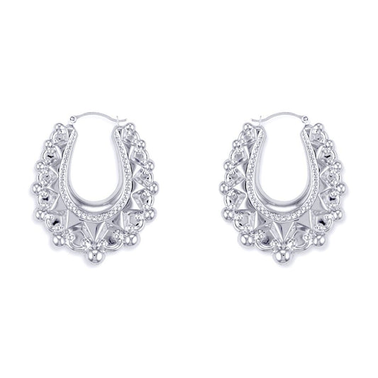 Ladies Sterling Silver Oval Pear Spikey Bead Creole Earrings 31mm - AER178B