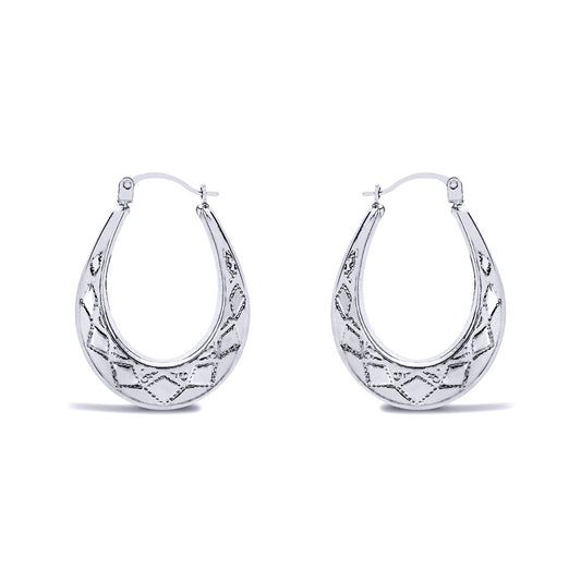 Ladies Sterling Silver Pear Diamond Pattern Creole Earrings 27mm - AER179A