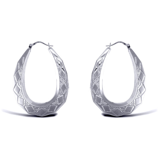 Ladies Sterling Silver Pear Diamond Pattern Creole Earrings 40mm - AER179B