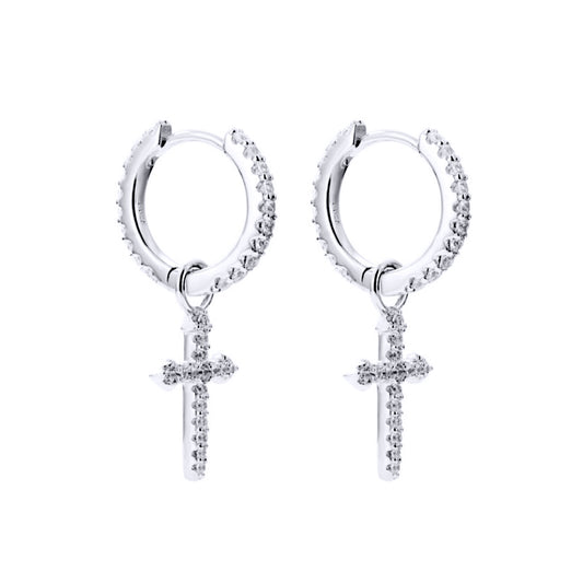 Silver CZ Pave Arrow Cross Dangle Hoop Drop Earrings - AER182