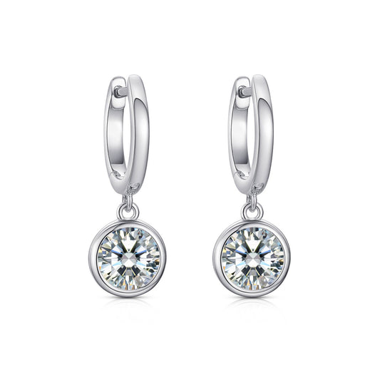 Silver Round CZ Bezel Solitaire Hoop Drop Earrings - AER183