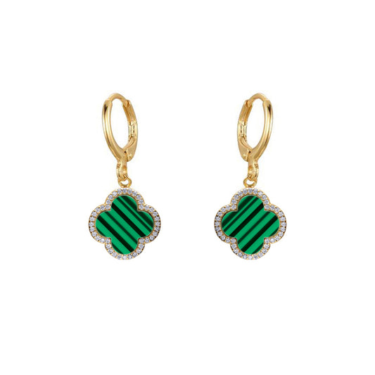 Gold-plated Silver Green Clover Malachite CZ Charm Drop Earrings - AER187-GP