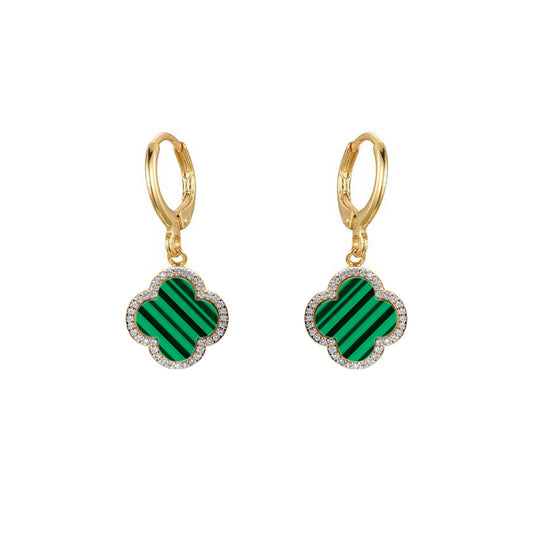 Gold-plated Silver Green Clover Malachite CZ Charm Drop Earrings - AER187-GP