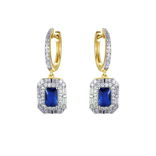 Gold-plated Silver Blue Radiant CZ Octagon Eternity Drop Earrings - AER199B-GP