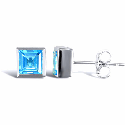Sterling Silver rub over Blue Topaz studs square Stud Earrings - AES021