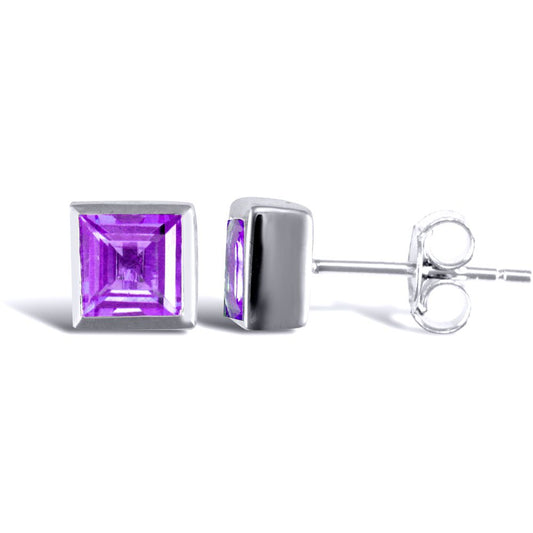 Sterling Silver rub over Amethyst studs square Stud Earrings - AES025