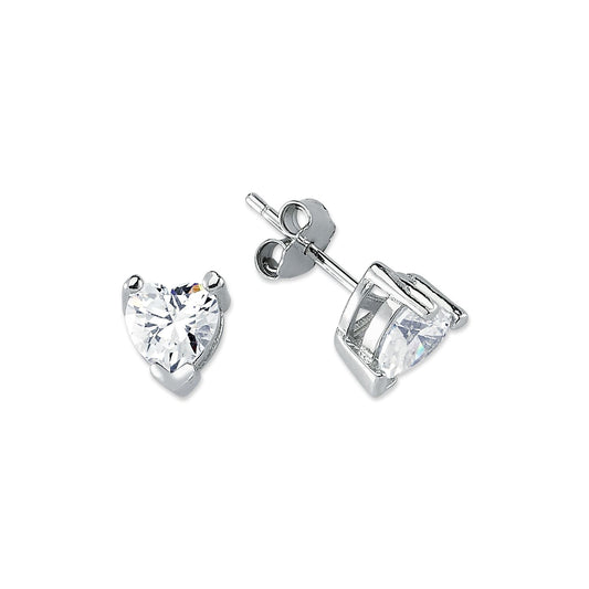 Womens Rhodium Silver Heart CZ Solitaire Stud Earrings 6mm - AES054B