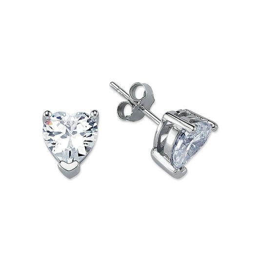 Womens Rhodium Silver Heart CZ Solitaire Stud Earrings 8mm - AES054C