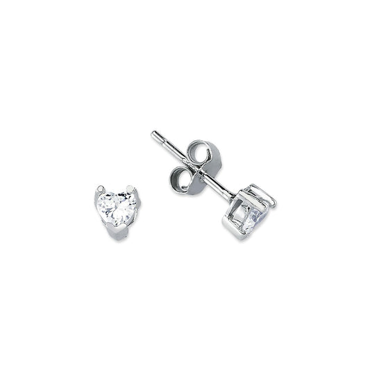 Womens Rhodium Silver Heart CZ Solitaire Stud Earrings 4mm - AES054