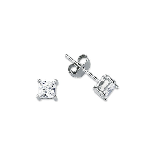 Womens Rhodium Silver Princess CZ Solitaire Stud Earrings 4mm - AES055A