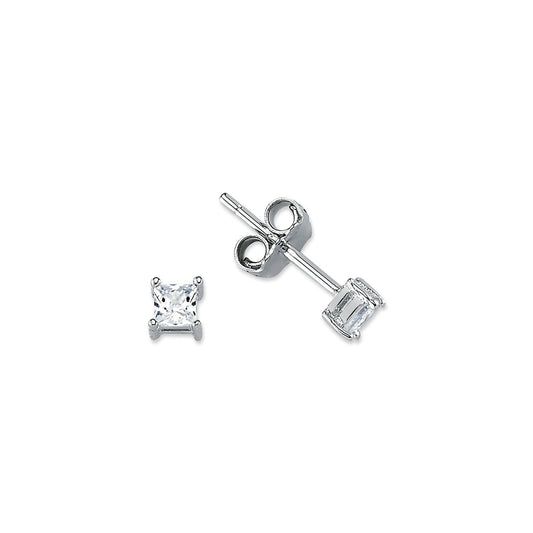 Womens Rhodium Silver Princess CZ Solitaire Stud Earrings 3mm - AES055