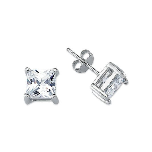 Womens Rhodium Silver Princess CZ Solitaire Stud Earrings 7mm - AES056B