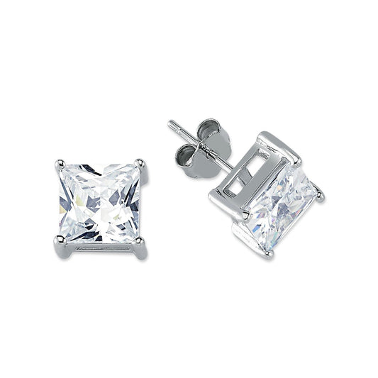 Womens Rhodium Silver Princess CZ Solitaire Stud Earrings 8mm - AES056C