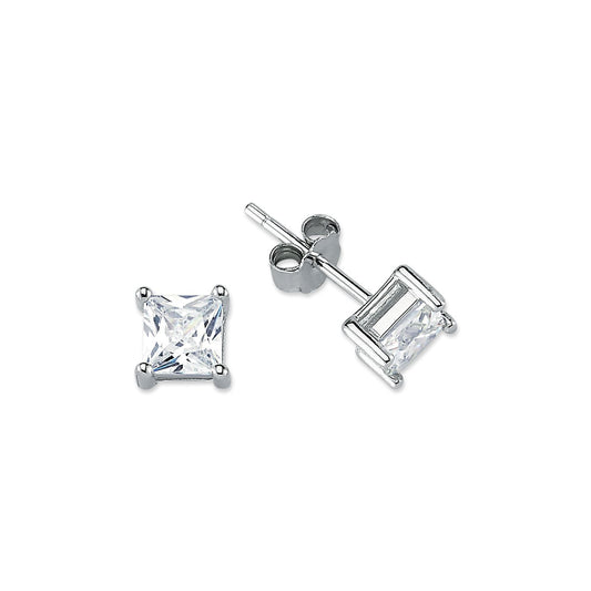 Womens Rhodium Silver Princess CZ Solitaire Stud Earrings 5mm - AES056