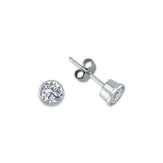 Womens Rhodium Plated Silver CZ Solitaire Stud Earrings 6mm 7mm - AES113C