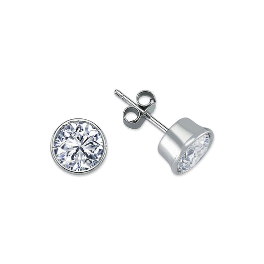 Womens Rhodium Plated Silver CZ Solitaire Stud Earrings 8mm 9mm - AES113E