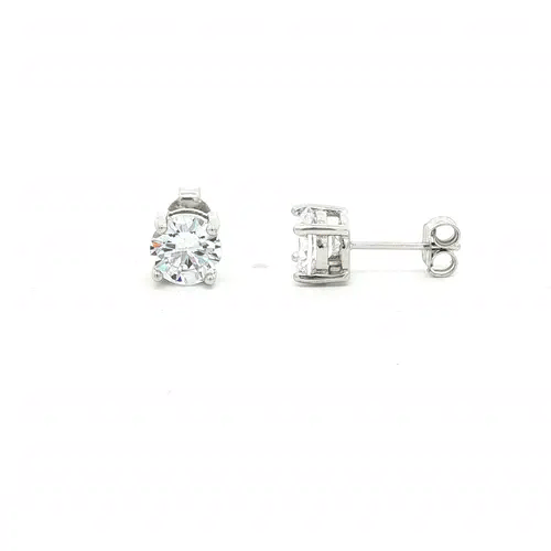 Womens Rhodium Plated Silver CZ Solitaire Stud Earrings 7mm - AES114D
