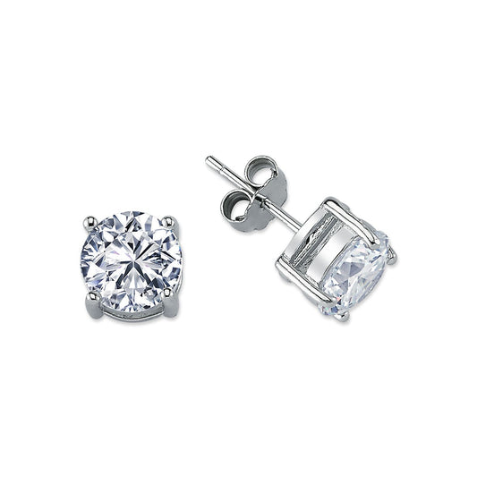 Womens Rhodium Plated Silver CZ Solitaire Stud Earrings 8mm - AES114E