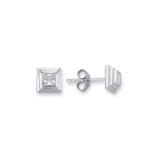 Silver 3-Tier Square Wedding Cake CZ Stud Earrings 3mm 6mm - AES116A