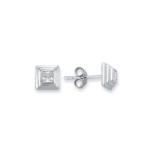 Silver 3-Tier Square Wedding Cake CZ Stud Earrings 4mm 7mm - AES116B