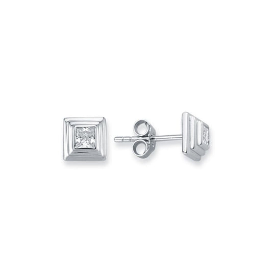 Silver 3-Tier Square Wedding Cake CZ Stud Earrings 5mm 8mm - AES116C