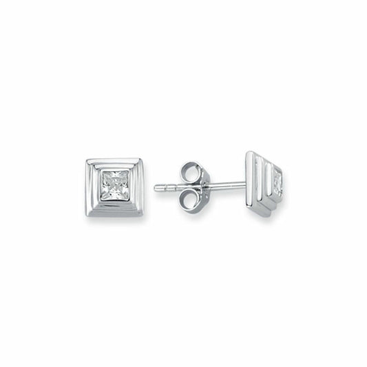 Silver 3-Tier Square Wedding Cake CZ Stud Earrings 5mm 8mm - AES116C